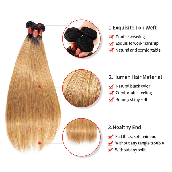{12A 3Pcs} Ombre Color T1b/27 Virgin Straight 3 Bundles Human  Hair Extensions