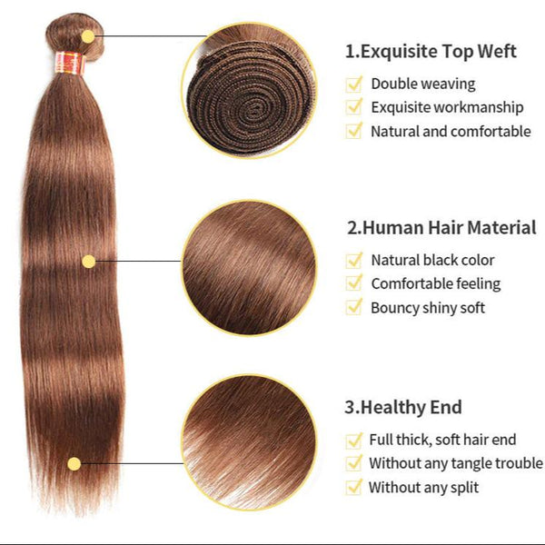 {12A 3Pcs} Chestnut Dark Brown Color #4 Virgin Straight 3 Bundles Human Virgin Hair Extensions
