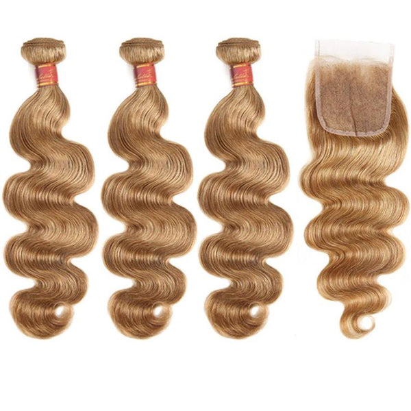  Light Brown #27 Colored 3 Bundles Body Wave Hair With 4x4 Lace Closure