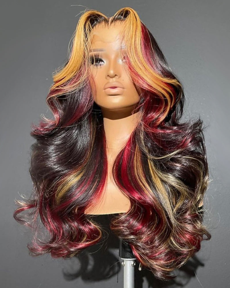 13x4 Lace Burgundy Ombre Red Skunk Stripe Body Wave Mix Highlight Colored Human Hair Wig