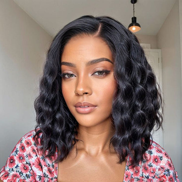 Glueless 6x5 Pre-Cut Lace Ocean Wave Wig Natural Black Pre-Bleached Knots Easy-Wear Human Hair Wigs