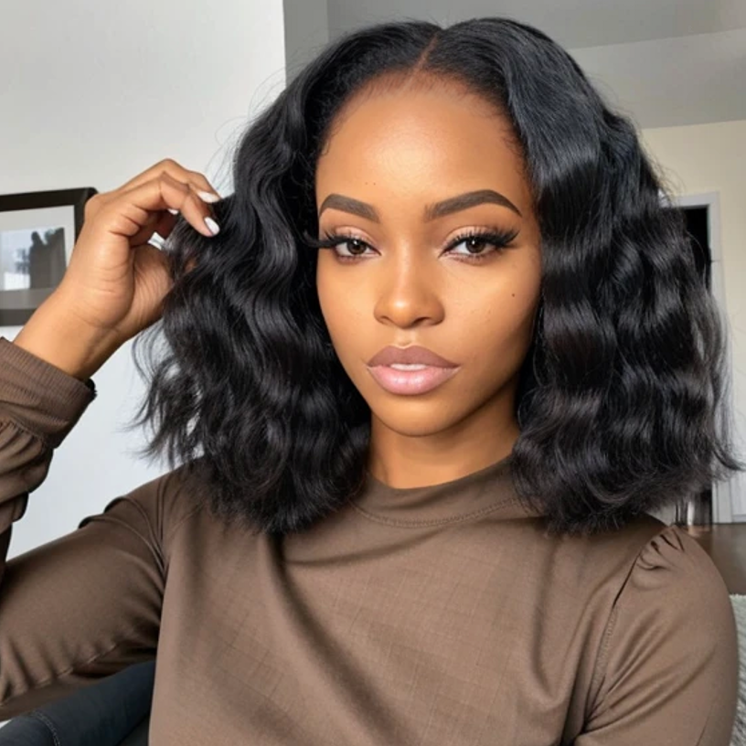 Glueless 6x5 Pre-Cut Lace Ocean Wave Wig Natural Black Pre-Bleached Knots Easy-Wear Human Hair Wigs