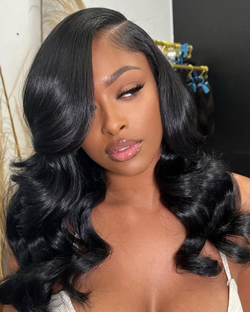 Glueless 6x5 Pre-Cut Lace Blowout In Wavy Wig Easy-Wear Natural Black Pre-Bleached Knots Human Hair Wigs