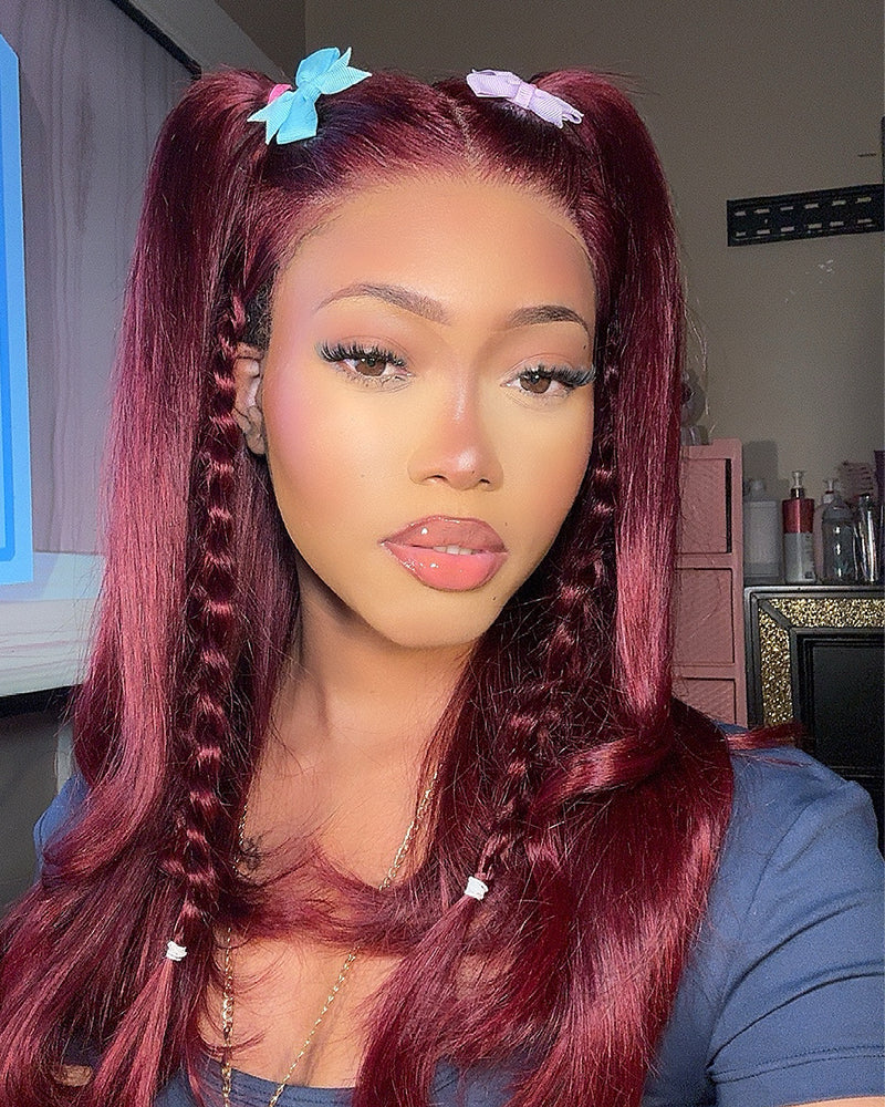 Burgundy Red 99J Easy-Wear Glueless 6x5 Pre-Cut Lace Straight Wig With Bleached Knots Colored Human Hair