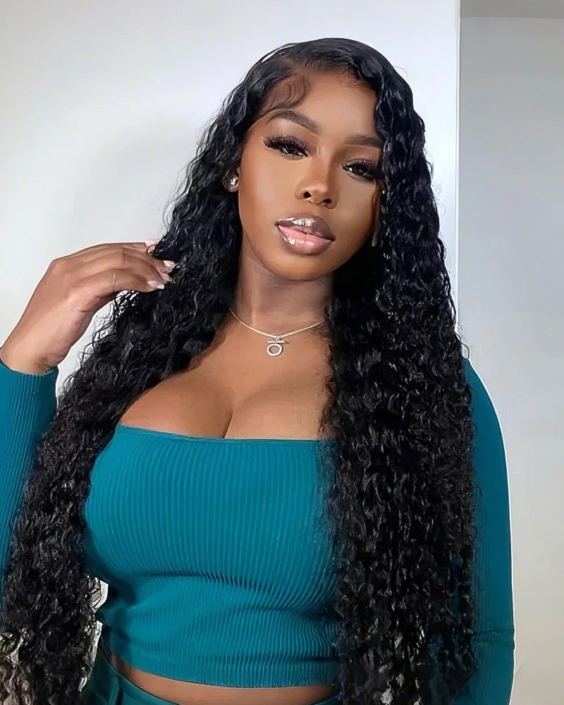  Deep Wave 5x5 Lace Front Natural Black Long Length Wig Human Hair Wig
