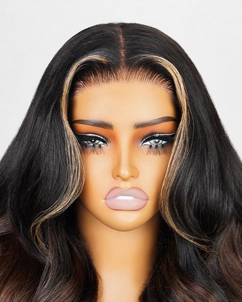 Pre-Cut 6x5 Lace Dark Brown Blonde Highlight Chestnut Brown Ombre Colored Glueless Loose Body Wave Human Hair Wig