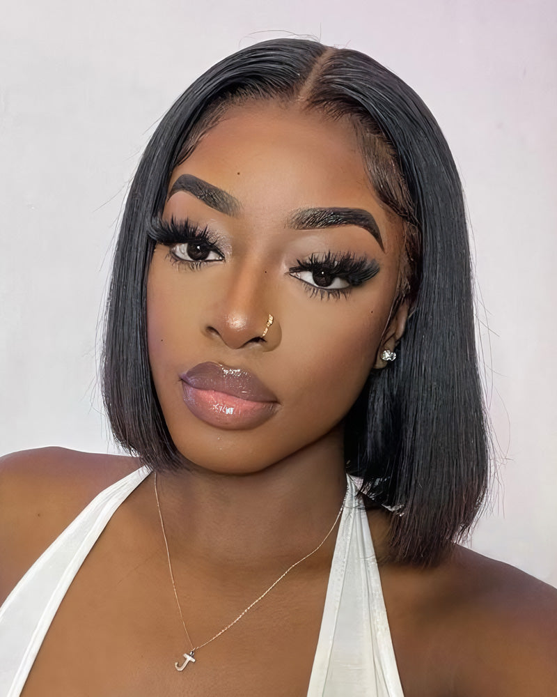 13x4 Lace Front Straight Bob Wig Free Part Natural Black Human Hair Wigs